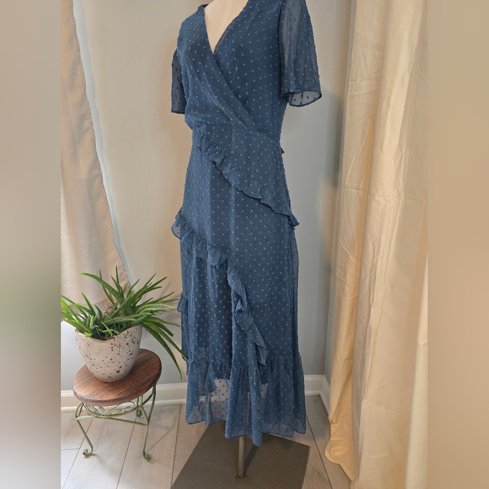 Elegant Slate Blue Swiss Dot Ruffled Midi Dress